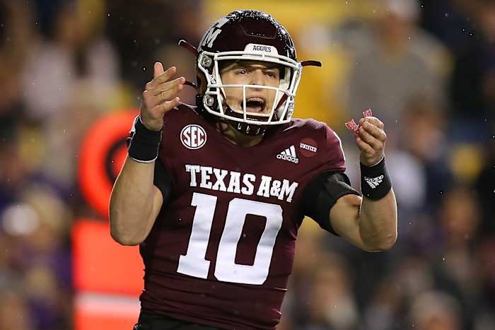 BATON ROUGE, LOUISIANA - NOVEMBER 27: Zach Calzada #10 of the Texas A&M Aggies reacts at the line of scrimmage during the first half against the LSU Tigers at Tiger Stadium on November 27, 2021 in Baton Rouge, Louisiana. (Photo by Jonathan Bachman/Getty Images)